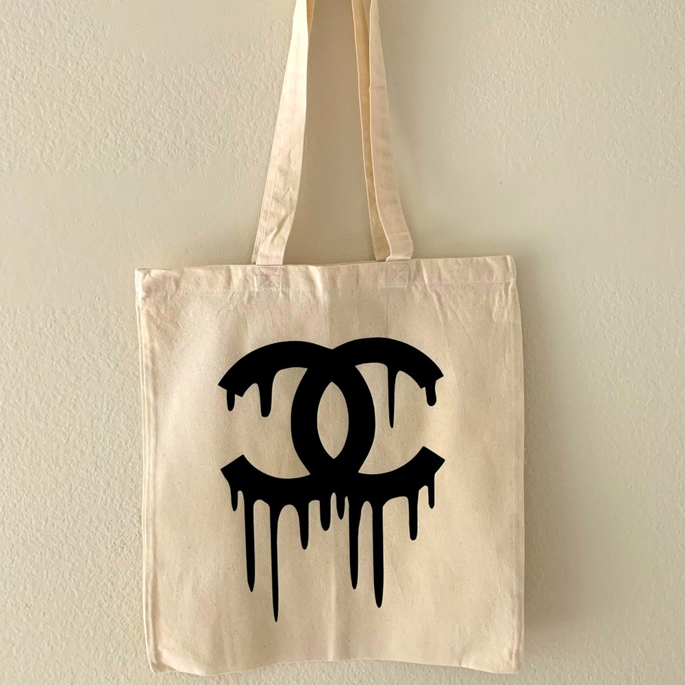 Chanel style printed cotton canvas tote bag